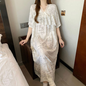 Short Sleeve Pajama Women's Spring and Summer Cotton Silk Pajamas Cotton Silk Premium Sweet Cotton Silk Pajama Dress Large Size HDF5290 - Negative Apparel