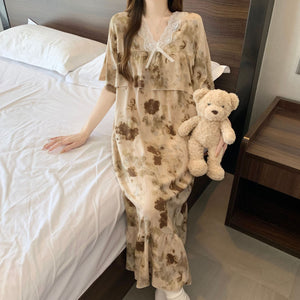 Short Sleeve Pajama Women's Spring and Summer Cotton Silk Pajamas Cotton Silk Premium Sweet Cotton Silk Pajama Dress Large Size HDF5290 - Negative Apparel