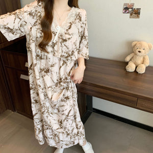 Short Sleeve Pajama Women's Spring and Summer Cotton Silk Pajamas Cotton Silk Premium Sweet Cotton Silk Pajama Dress Large Size HDF5290 - Negative Apparel
