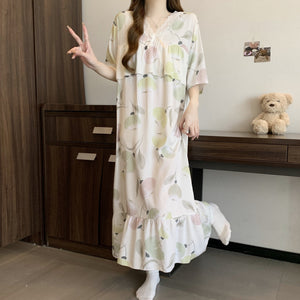 Short Sleeve Pajama Women's Spring and Summer Cotton Silk Pajamas Cotton Silk Premium Sweet Cotton Silk Pajama Dress Large Size HDF5290 - Negative Apparel