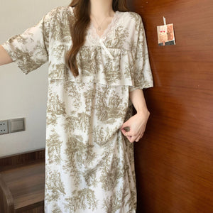 Short Sleeve Pajama Women's Spring and Summer Cotton Silk Pajamas Cotton Silk Premium Sweet Cotton Silk Pajama Dress Large Size HDF5290 - Negative Apparel