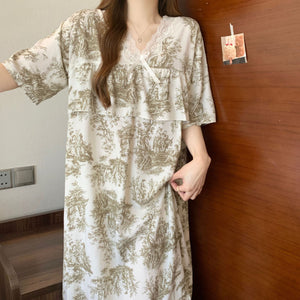 Short Sleeve Pajama Women's Spring and Summer Cotton Silk Pajamas Cotton Silk Premium Sweet Cotton Silk Pajama Dress Large Size HDF5290 - Negative Apparel