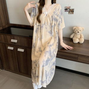 Short Sleeve Pajama Women's Spring and Summer Cotton Silk Pajamas Cotton Silk Premium Sweet Cotton Silk Pajama Dress Large Size HDF5290 - Negative Apparel