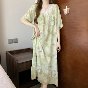 Short Sleeve Pajama Women's Spring and Summer Cotton Silk Pajamas Cotton Silk Premium Sweet Cotton Silk Pajama Dress Large Size HDF5290 - Negative Apparel