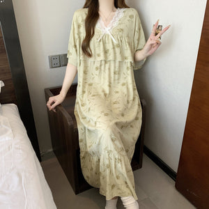 Short Sleeve Pajama Women's Spring and Summer Cotton Silk Pajamas Cotton Silk Premium Sweet Cotton Silk Pajama Dress Large Size HDF5290 - Negative Apparel