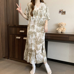 Short Sleeve Pajama Women's Spring and Summer Cotton Silk Pajamas Cotton Silk Premium Sweet Cotton Silk Pajama Dress Large Size HDF5290 - Negative Apparel