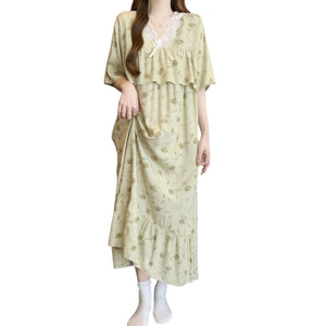 Short Sleeve Pajama Women's Spring and Summer Cotton Silk Pajamas Cotton Silk Premium Sweet Cotton Silk Pajama Dress Large Size HDF5290 - Negative Apparel