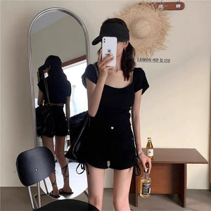 Short - sleeved knitted T-shirt women's summer 2025 new sweet and spicy wind vertical strip back lace - up machine short top tide - Negative Apparel