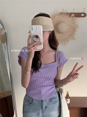 Short - sleeved knitted T-shirt women's summer 2025 new sweet and spicy wind vertical strip back lace - up machine short top tide - Negative Apparel