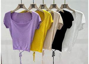 Short - sleeved knitted T-shirt women's summer 2025 new sweet and spicy wind vertical strip back lace - up machine short top tide - Negative Apparel