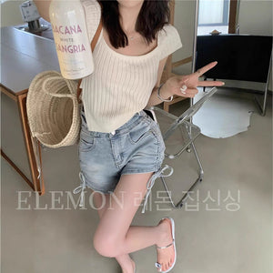 Short - sleeved knitted T-shirt women's summer 2025 new sweet and spicy wind vertical strip back lace - up machine short top tide - Negative Apparel