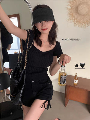 Short - sleeved knitted T-shirt women's summer 2025 new sweet and spicy wind vertical strip back lace - up machine short top tide - Negative Apparel