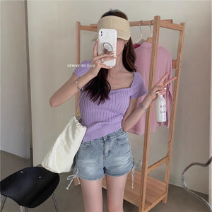 Short - sleeved knitted T-shirt women's summer 2025 new sweet and spicy wind vertical strip back lace - up machine short top tide - Negative Apparel