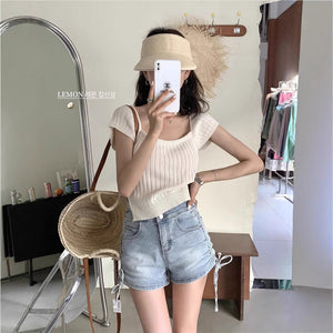 Short - sleeved knitted T-shirt women's summer 2025 new sweet and spicy wind vertical strip back lace - up machine short top tide - Negative Apparel