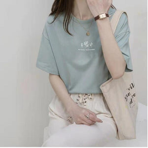 Short - sleeved Korean round neck T-shirt for women in summer with loose plant print casual solid color fire student half - sleeved top - Negative Apparel