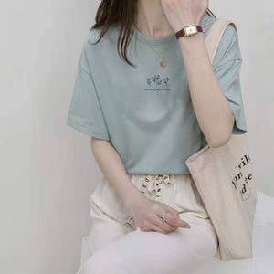 Short - sleeved Korean round neck T-shirt for women in summer with loose plant print casual solid color fire student half - sleeved top - Negative Apparel