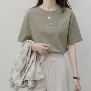 Short - sleeved Korean round neck T-shirt for women in summer with loose plant print casual solid color fire student half - sleeved top - Negative Apparel