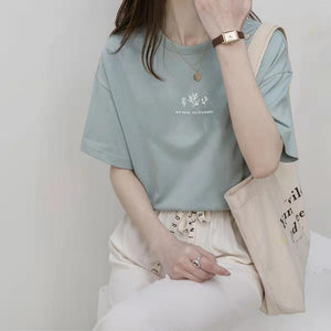 Short - sleeved Korean round neck T-shirt for women in summer with loose plant print casual solid color fire student half - sleeved top - Negative Apparel