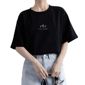 Short - sleeved Korean round neck T-shirt for women in summer with loose plant print casual solid color fire student half - sleeved top - Negative Apparel