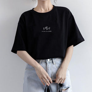 Short - sleeved Korean round neck T-shirt for women in summer with loose plant print casual solid color fire student half - sleeved top - Negative Apparel