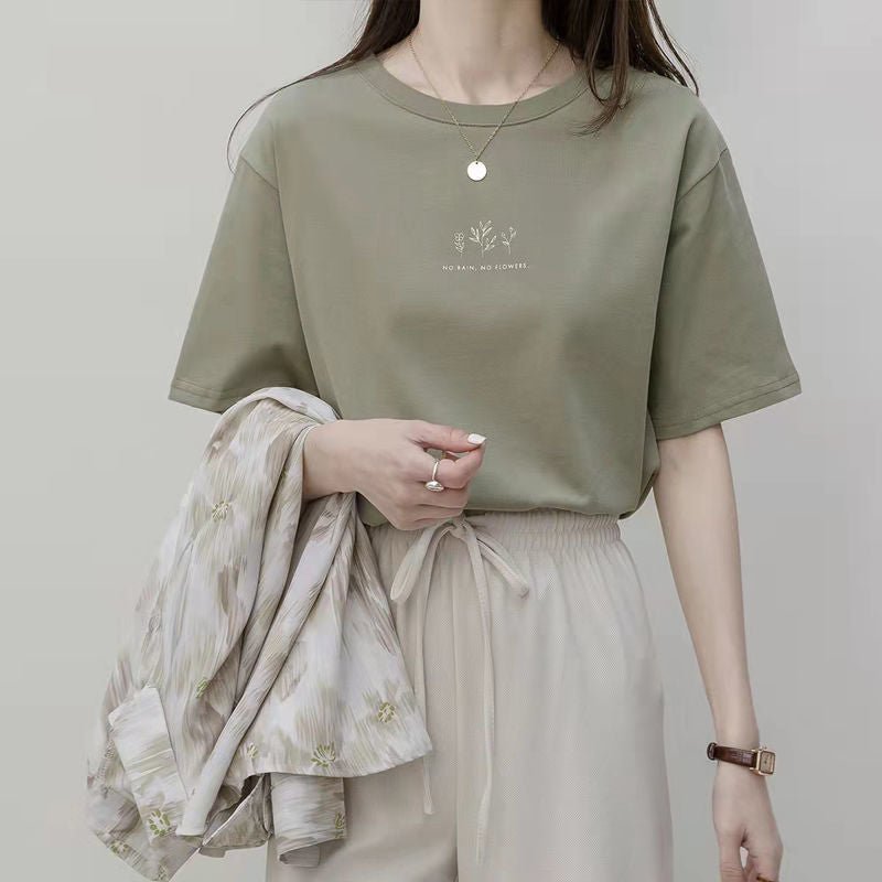 Short - sleeved Korean round neck T-shirt for women in summer with loose plant print casual solid color fire student half - sleeved top - Negative Apparel