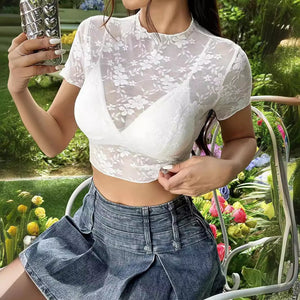 Short - sleeved lace bank flower fungus edge short T-shirt thin top women's clothing - Negative Apparel