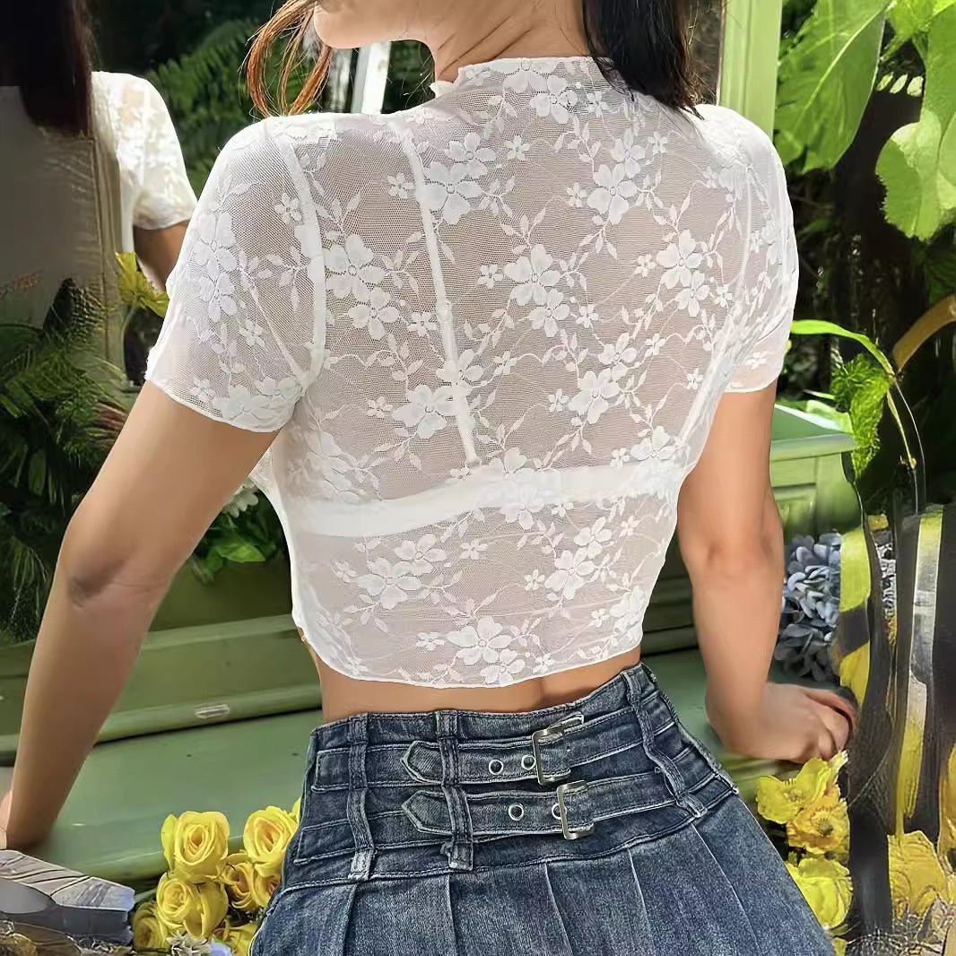 Short - sleeved lace bank flower fungus edge short T-shirt thin top women's clothing - Negative Apparel