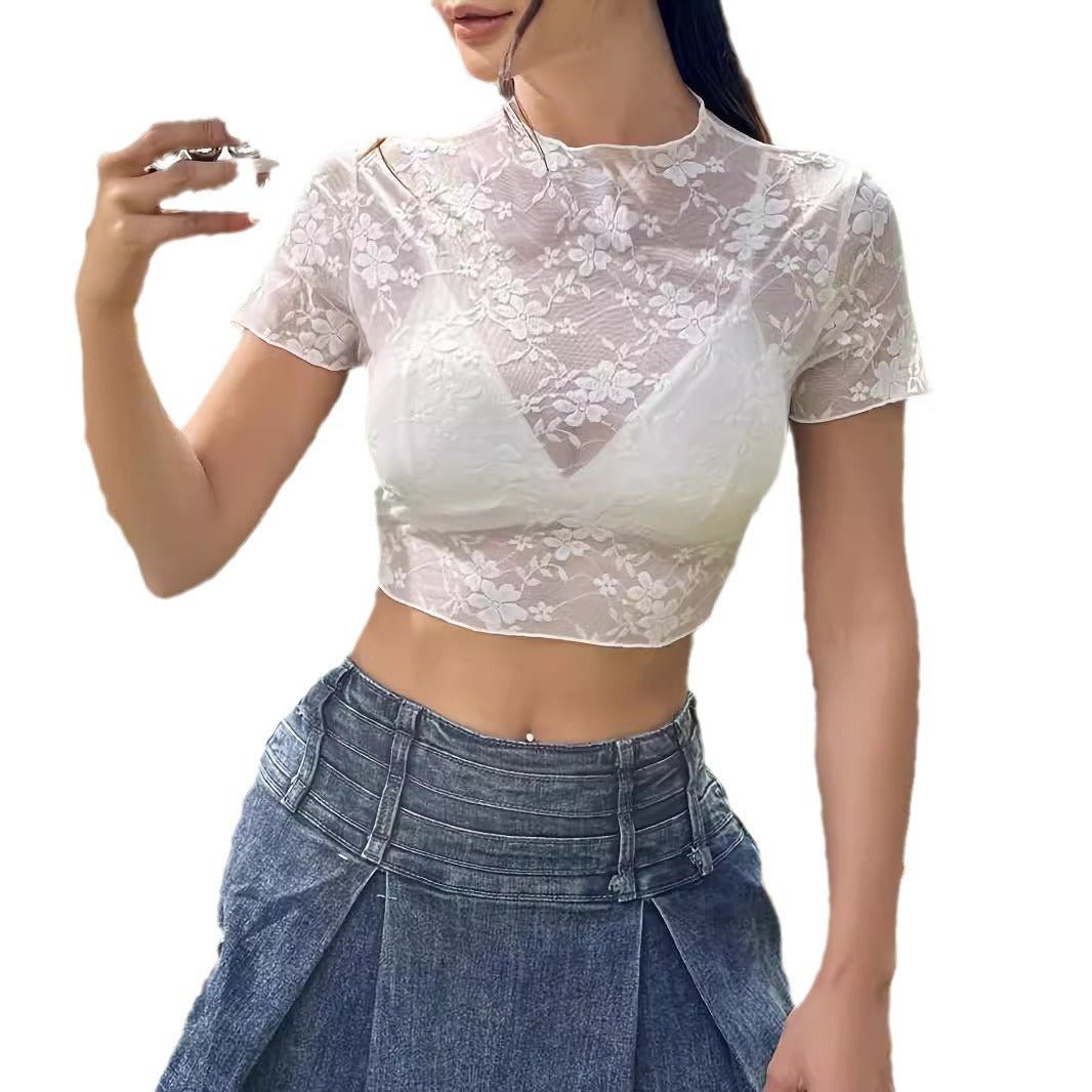 Short - sleeved lace bank flower fungus edge short T-shirt thin top women's clothing - Negative Apparel