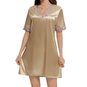 short - sleeved nightdress solid - color pajamas women's summer lace thin ice silk loungewear SQ22136 - Negative Apparel