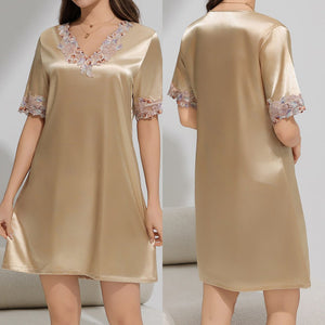 short - sleeved nightdress solid - color pajamas women's summer lace thin ice silk loungewear SQ22136 - Negative Apparel