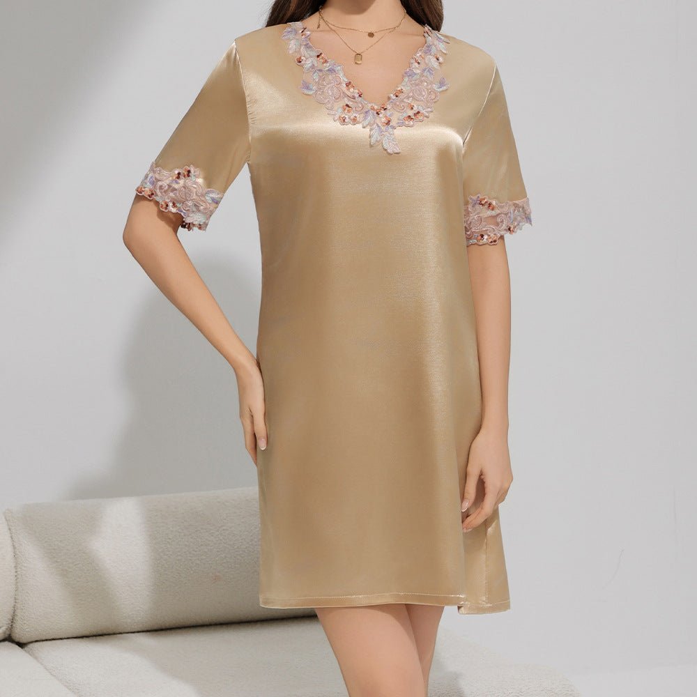 short - sleeved nightdress solid - color pajamas women's summer lace thin ice silk loungewear SQ22136 - Negative Apparel