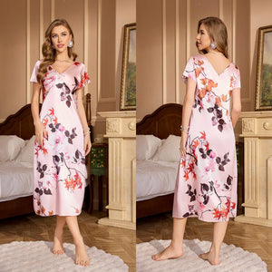 short - sleeved nightgown ice silk pajamas women, maple leaf printing loungewear SQ22201 - Negative Apparel