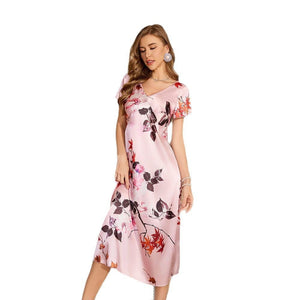 short - sleeved nightgown ice silk pajamas women, maple leaf printing loungewear SQ22201 - Negative Apparel