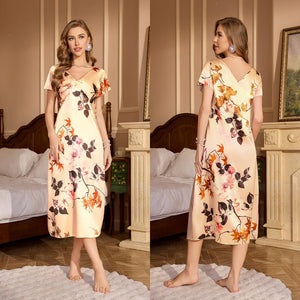 short - sleeved nightgown ice silk pajamas women, maple leaf printing loungewear SQ22201 - Negative Apparel