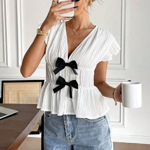 Short - sleeved shirt bow cardigan shirt women - Negative Apparel