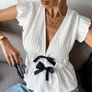 Short - sleeved shirt bow cardigan shirt women - Negative Apparel