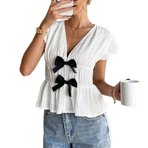 Short - sleeved shirt bow cardigan shirt women - Negative Apparel