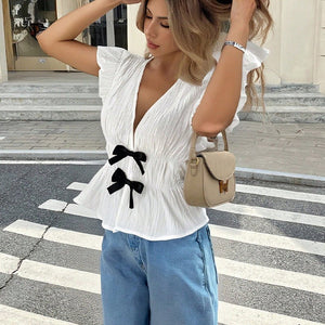 Short - sleeved shirt bow cardigan shirt women - Negative Apparel