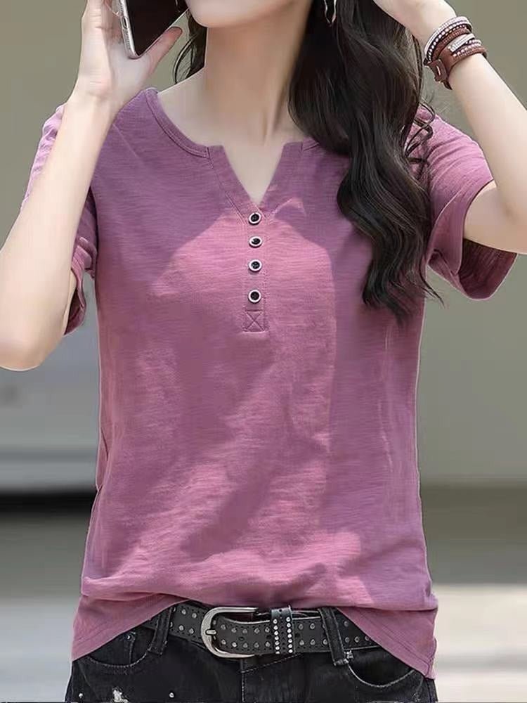 Short - sleeved T-shirt for women, v - neck, loose and slim, 2025 summer Korean version, large size, solid color, simple half - sleeved top - Negative Apparel