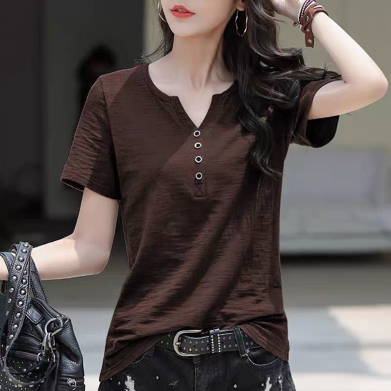 Short - sleeved T-shirt for women, v - neck, loose and slim, 2025 summer Korean version, large size, solid color, simple half - sleeved top - Negative Apparel