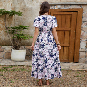 Short - sleeved V - neck slim - fitting and thin long dress, holiday style dress - Negative Apparel