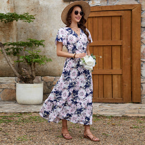 Short - sleeved V - neck slim - fitting and thin long dress, holiday style dress - Negative Apparel