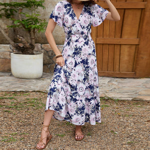 Short - sleeved V - neck slim - fitting and thin long dress, holiday style dress - Negative Apparel