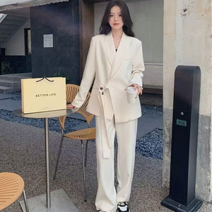 Side Tie Casual Suit Set with Wide Leg Pants For Women - Negative Apparel