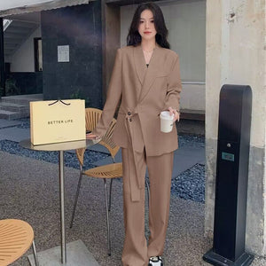 Side Tie Casual Suit Set with Wide Leg Pants For Women - Negative Apparel
