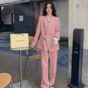 Side Tie Casual Suit Set with Wide Leg Pants For Women - Negative Apparel