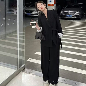 Side Tie Casual Suit Set with Wide Leg Pants For Women - Negative Apparel