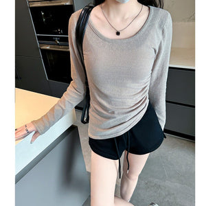 Side waist bottoming shirt women's summer 25 new outer wear crew neck sunscreen pullover loose irregular T-shirt top - Negative Apparel