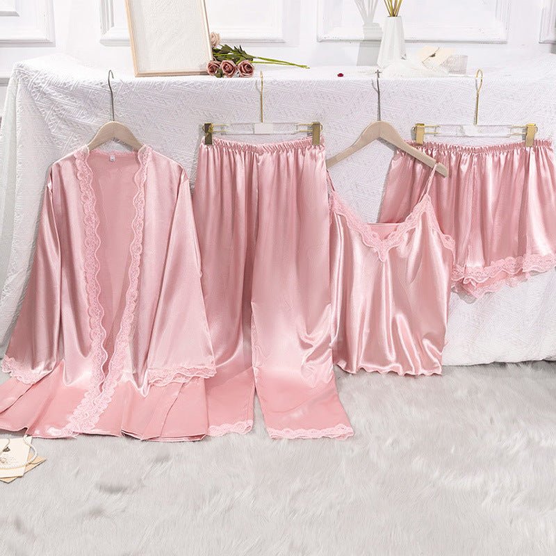 Silk Tempt | Lace Suspender Four - Piece Pajama Set Pink - Negative Apparel