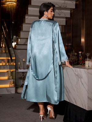 SilkySpell Plus Size Women's Wine Red Satin Slip Dress & Long Robe Set Cozy And Elegant Details, Fall Clothes - Negative Apparel